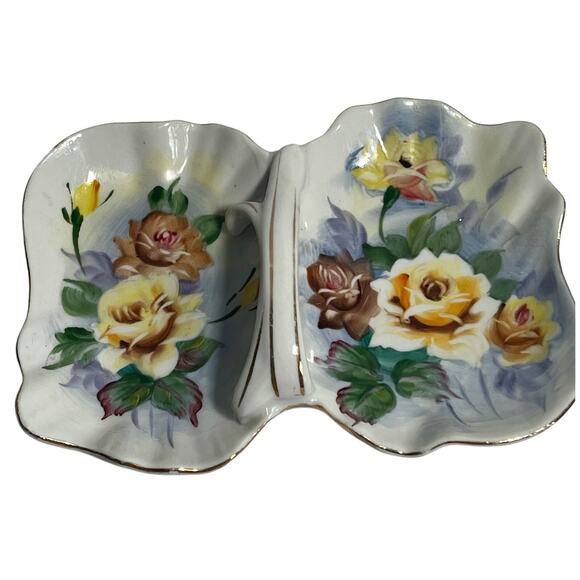 Vtg Japan UCAGO Handpainted Divided Candy Trinket Relish Ceramic Dish Floral Dec - Picture 1 of 13